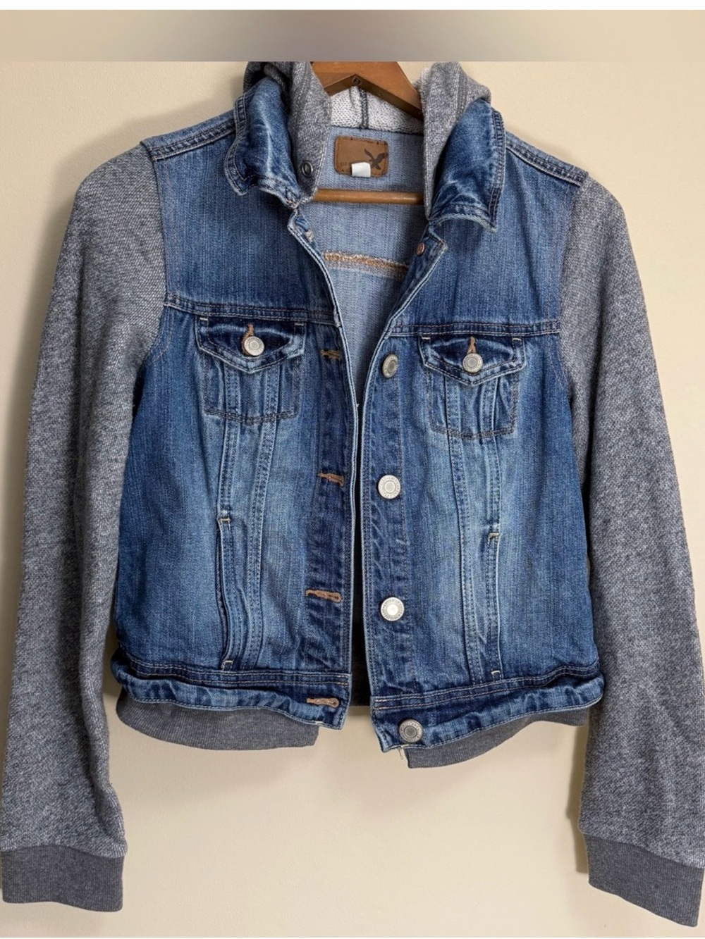 American Eagle Outfitters Blue Denim Jacket with Gray Knit Sleeves